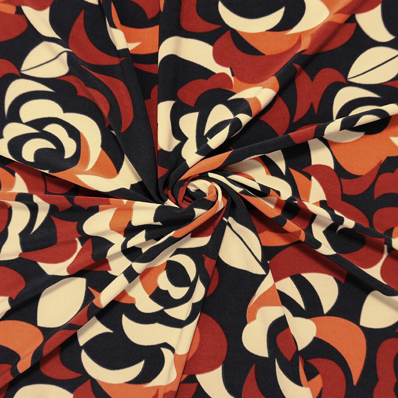 Orange-Black Poly Abstract Floral Printed ITY Jersey Knit Fabric