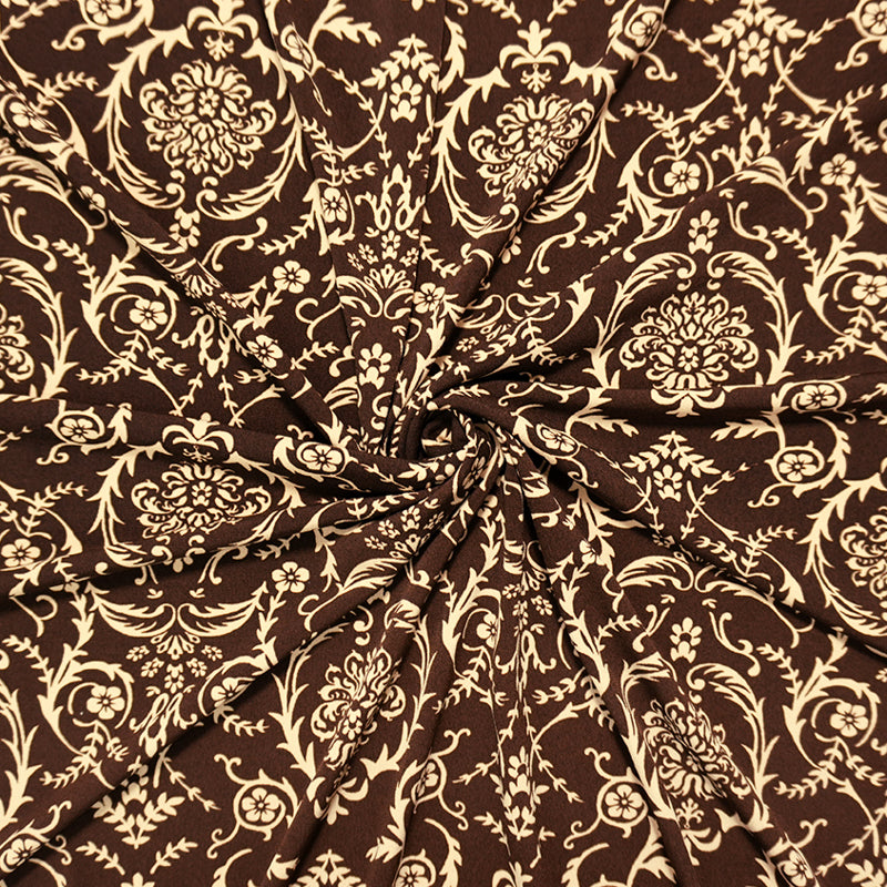 1 YD PC-Brown-Beige Poly Baroque Floral Printed ITY Jersey Knit Fabric