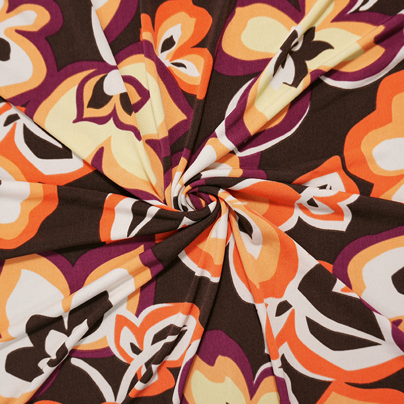 5 YD PC-Brown-Maroon-Multi Poly Floral Printed ITY Jersey Knit Fabric