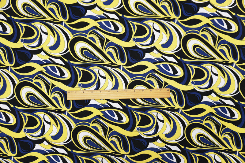 Blue-Yellow Poly Spandex Abstract Swirl Printed ITY Jersey Knit Fabric