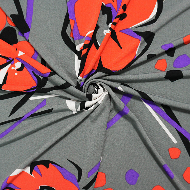 1 7/8 YD PC-Gray Poly Spandex Floral Printed ITY Jersey Knit Fabric