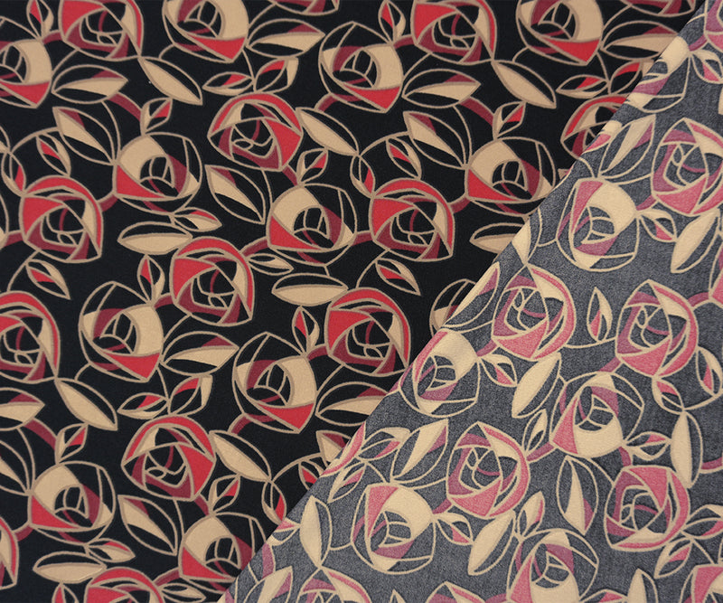 Black-Red-Beige Poly Abstract Floral Print ITY Jersey Knit Fabric