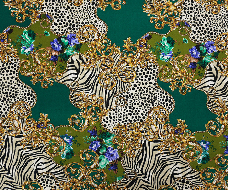 Green-Multi Poly Baroque Animal Printed ITY Jersey Knit Fabric