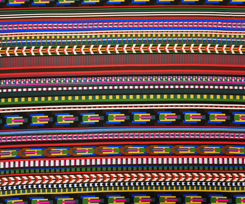 Brown-Red-Multi Poly Geo Stripe Print ITY Jersey Knit Fabric