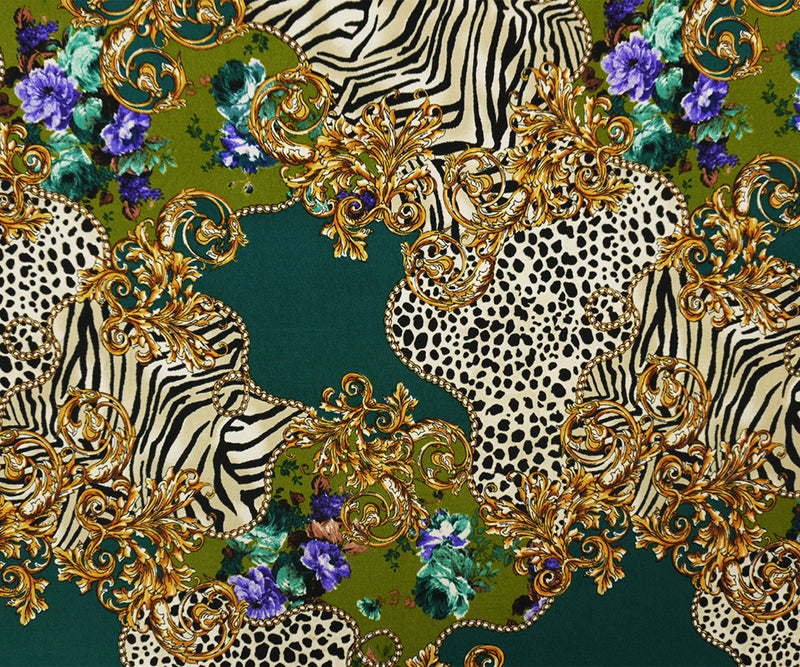 Green-Blue-Multi Poly Baroque Animal Printed ITY Jersey Knit Fabric
