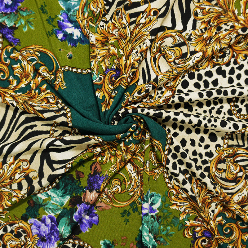 Green-Blue-Multi Poly Baroque Animal Printed ITY Jersey Knit Fabric