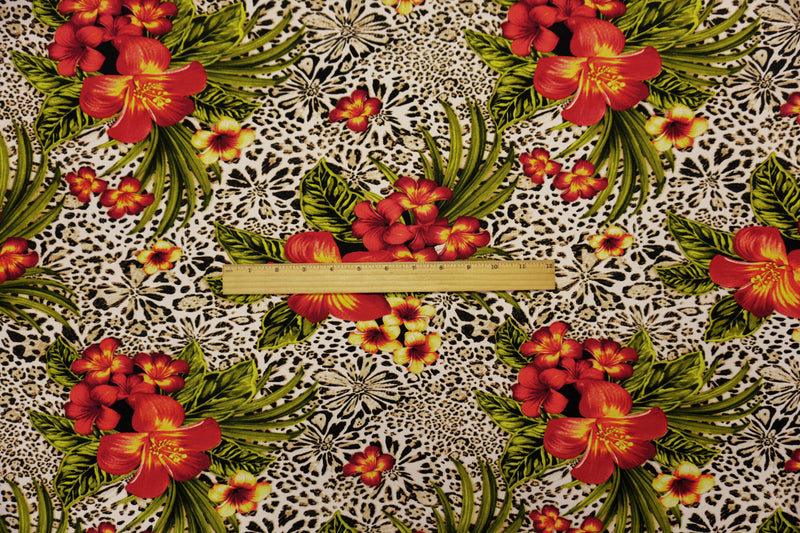 Beige-Multi Poly Floral Leopard Print ITY Jersey Knit Fabric