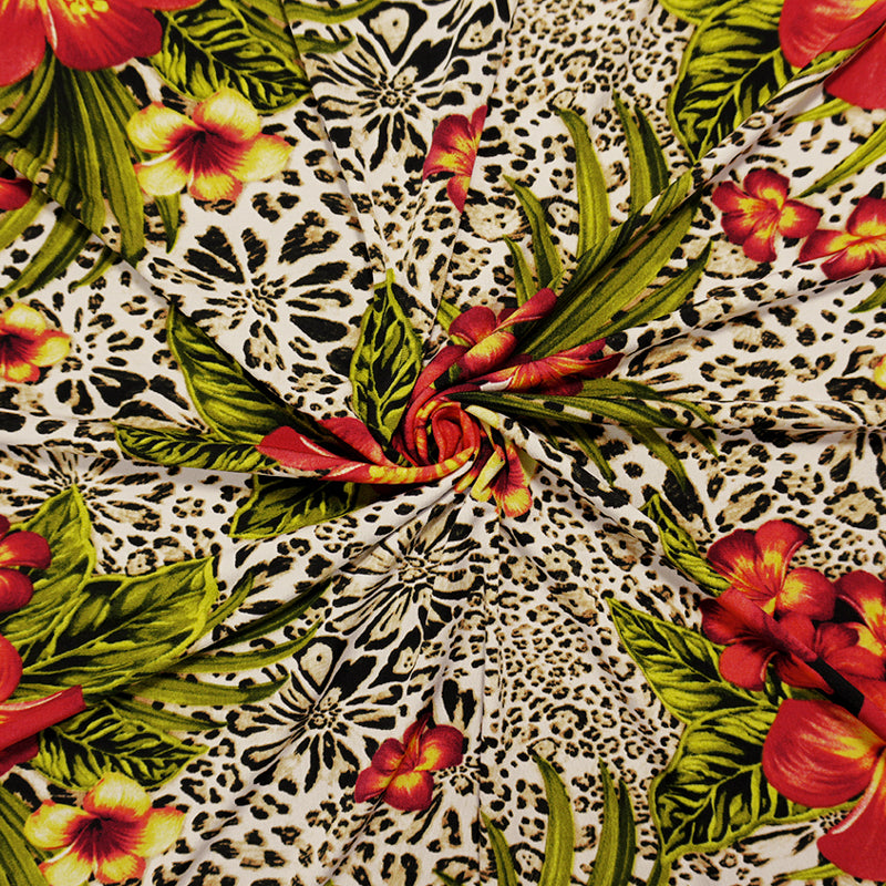 Beige-Multi Poly Floral Leopard Print ITY Jersey Knit Fabric
