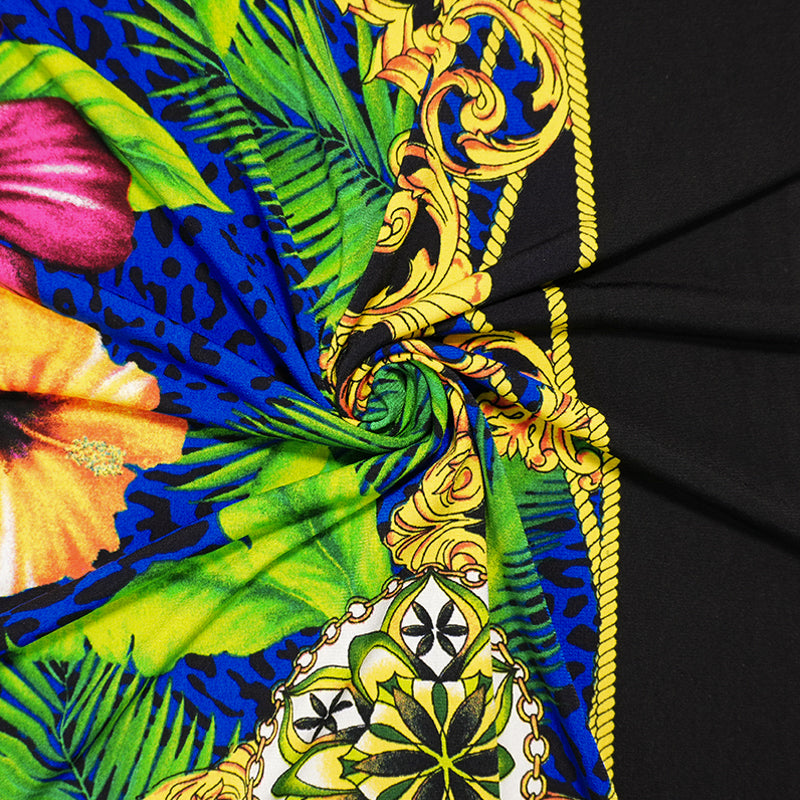 Blue-Yellow Poly Floral Leopard PANEL ITY Jersey Knit Fabric