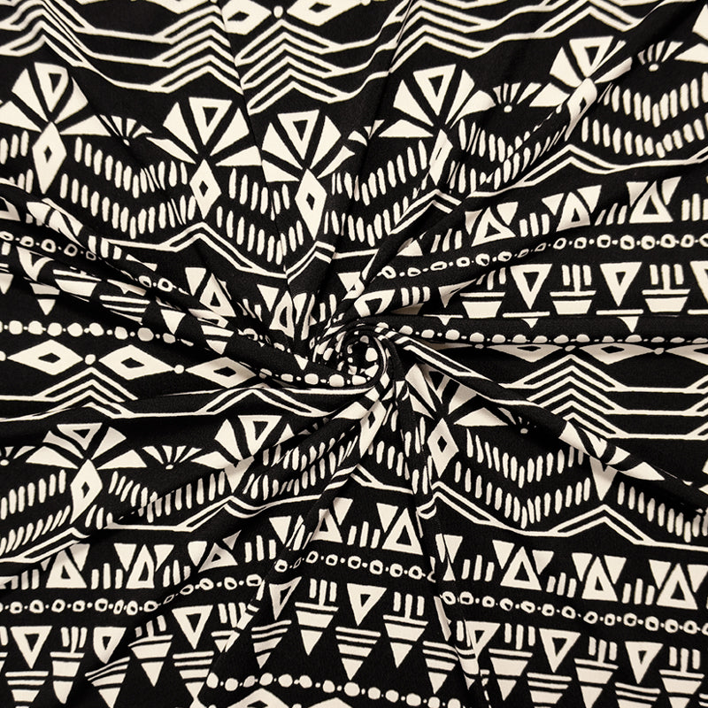 Black-White Poly Spandex Aztec Printed ITY Jersey Knit Fabric