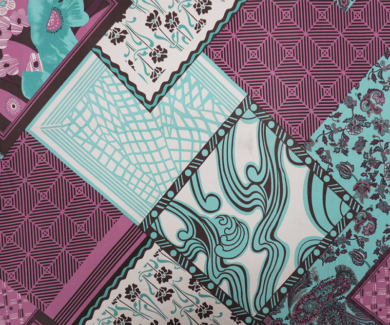 Purple-Pink-Multi Poly Floral Geo Patch Print ITY Jersey Knit Fabric