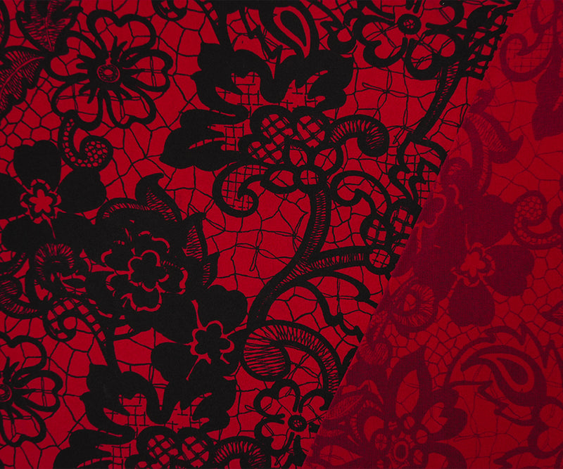 Red-Black Poly Lace-Like Floral Printed ITY Jersey Knit Fabric