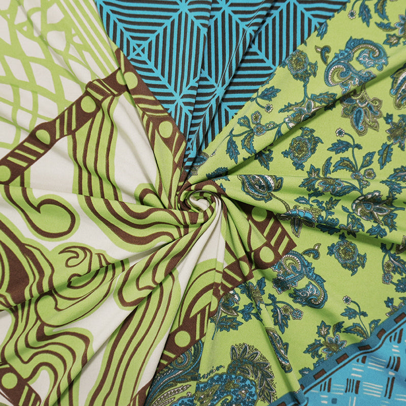 Teal-Green Poly Patch Geo Floral Print ITY Jersey Knit Fabric