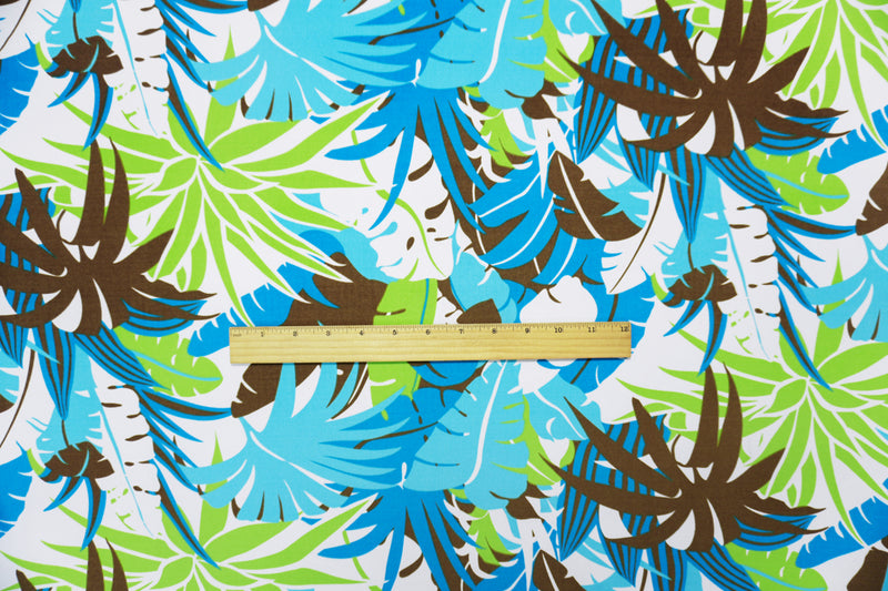 Blue-Teal Poly Spandex Leaves Printed ITY Jersey Knit Fabric