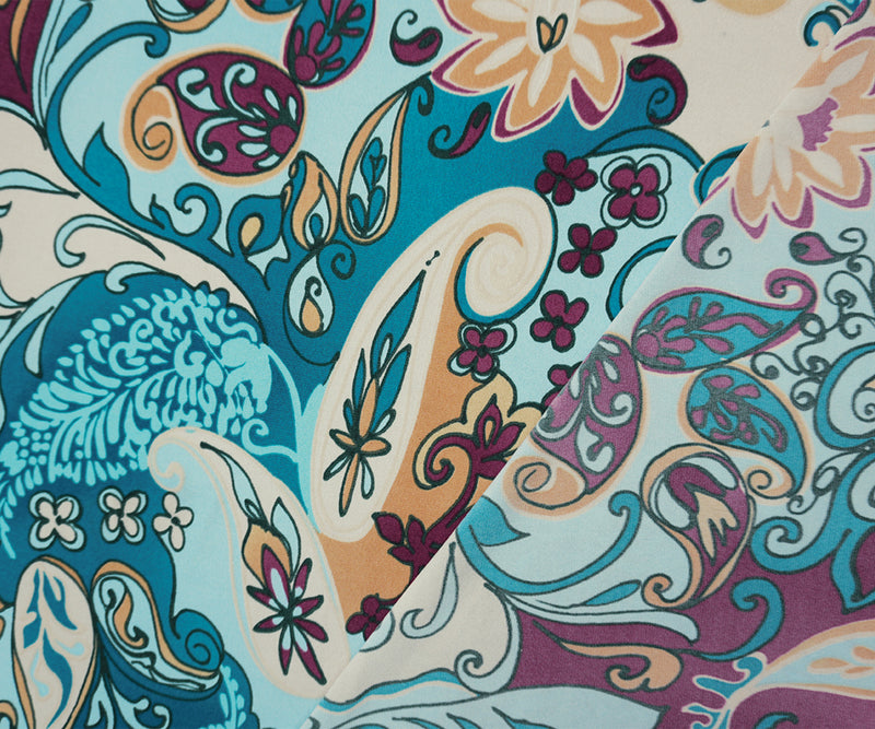 Teal-Purple Poly Floral Paisley Printed ITY Jersey Knit Fabric
