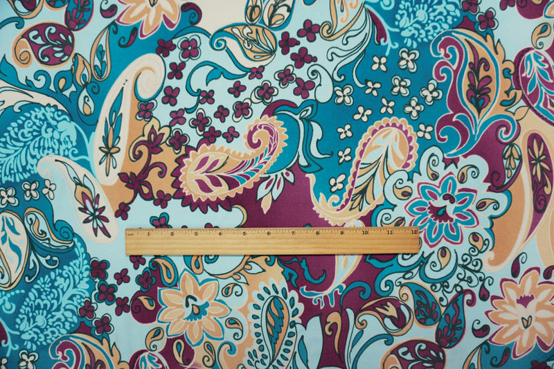 Teal-Purple Poly Floral Paisley Printed ITY Jersey Knit Fabric