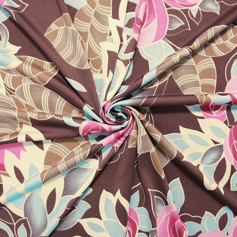 Brown-Pink-Blue Poly Floral Printed ITY Jersey Knit Fabric