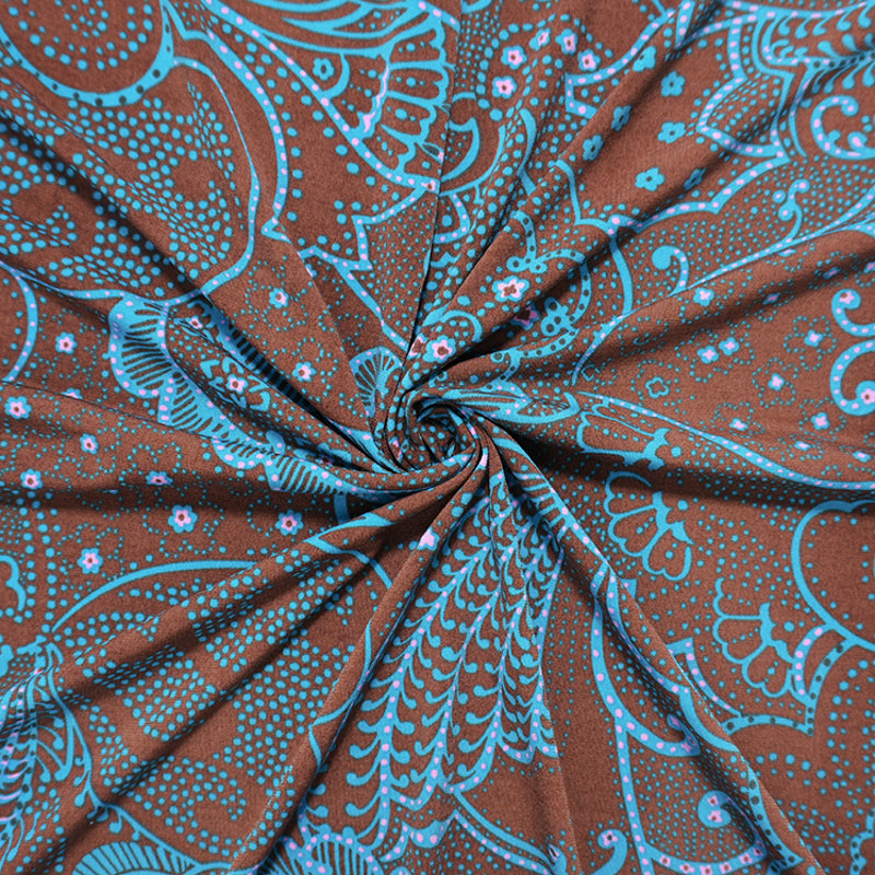 Brown-Turquoise Poly Dot Floral Printed ITY Jersey Knit Fabric