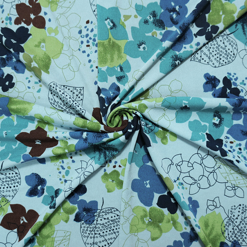 1 1/2 YD PC-Turquoise-Brown Poly Floral Printed ITY Jersey Knit Fabric