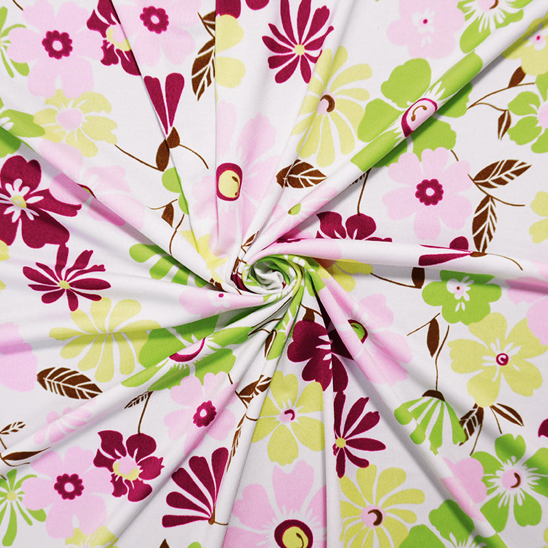 White-Pink-Multi Poly Floral Printed ITY Jersey Knit Fabric