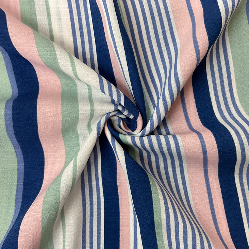 Blue-Pink-Multi Poly Striped Printed Linen-Like Woven Fabric