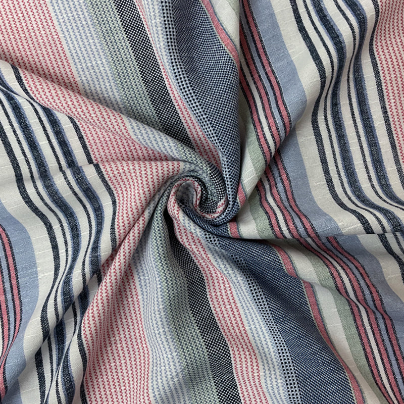 Blue-Red-Multi Rayon Stripe Slub Challis Woven Fabric