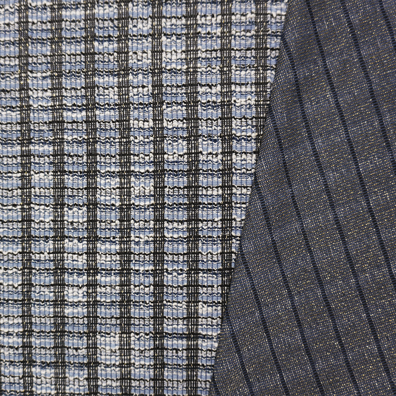 Blue-Black-Gold Poly Cotton Stripe Boucle Double Knit Fabric