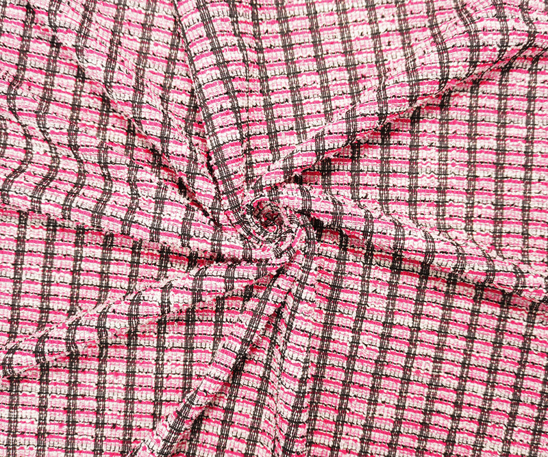 Fuchsia-Copper-Multi Poly Cotton Plaid-Check Boucle Knit Fabric