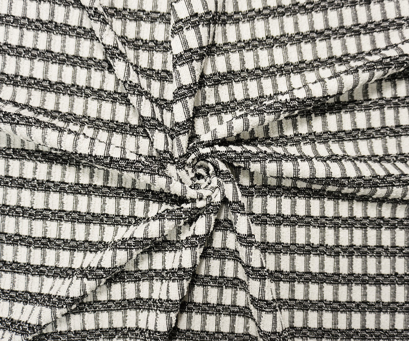 Black-White Poly Cotton Check-Plaid Boucle Double Knit Fabric