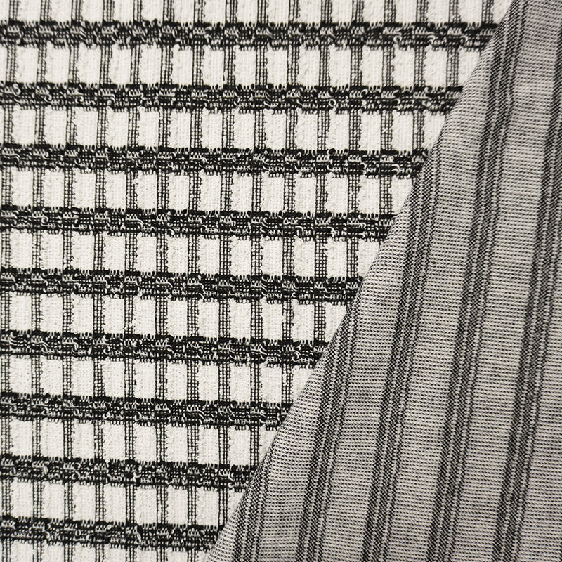 Black-White Poly Cotton Check-Plaid Boucle Double Knit Fabric