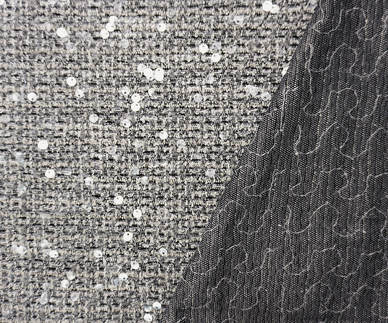 White-Black-Multi Poly Check Boucle Sequin Knit Fabric