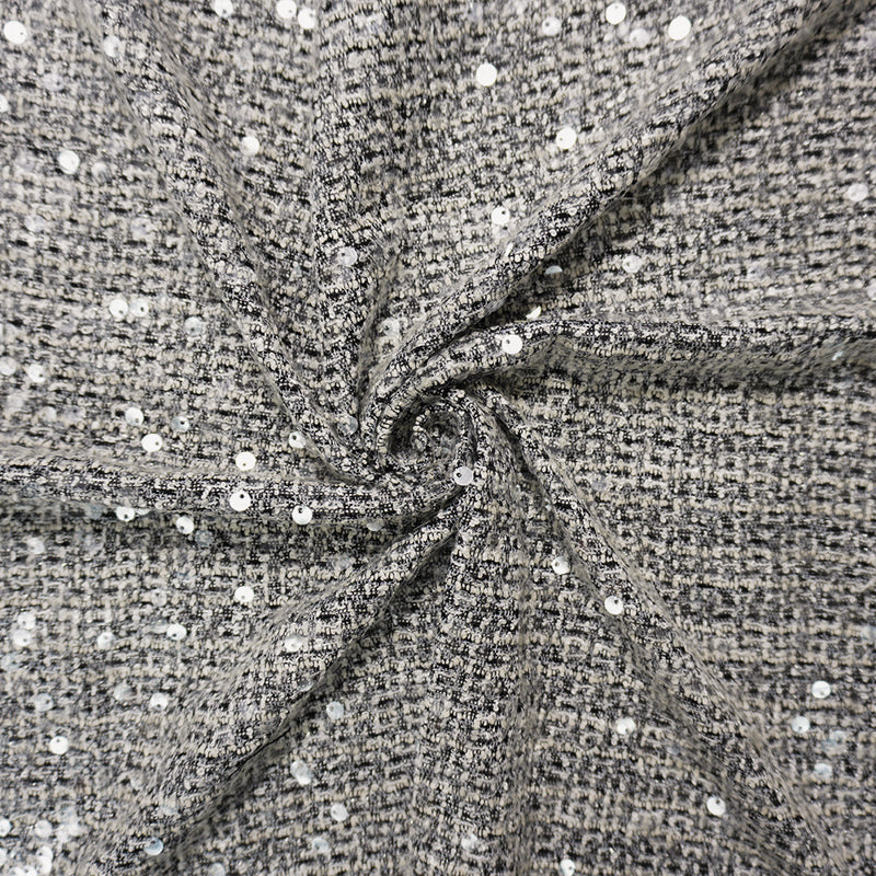 White-Black-Multi Poly Check Boucle Sequin Knit Fabric