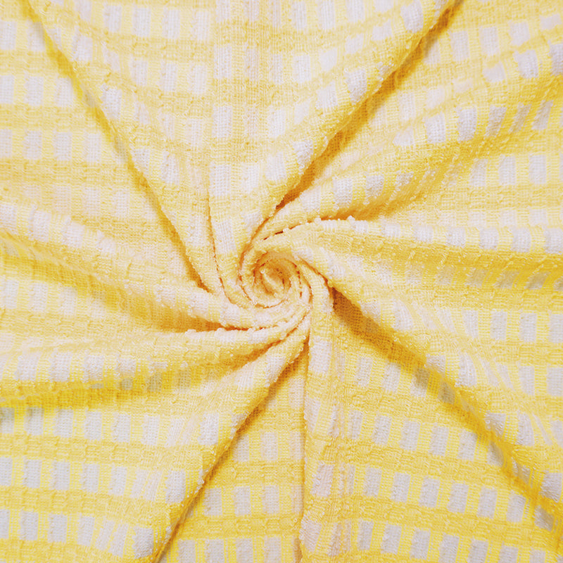 Yellow-White Poly Cotton Check Plaid Boucle Double Knit Fabric