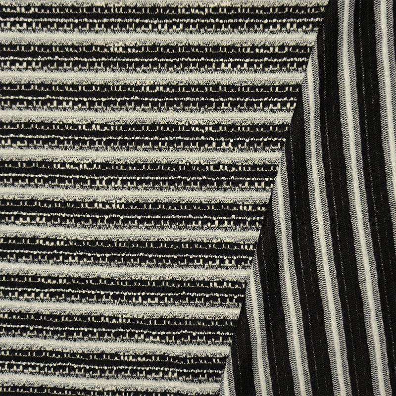 Black-White-Silver Poly Cotton Stripe Boucle Knit Fabric