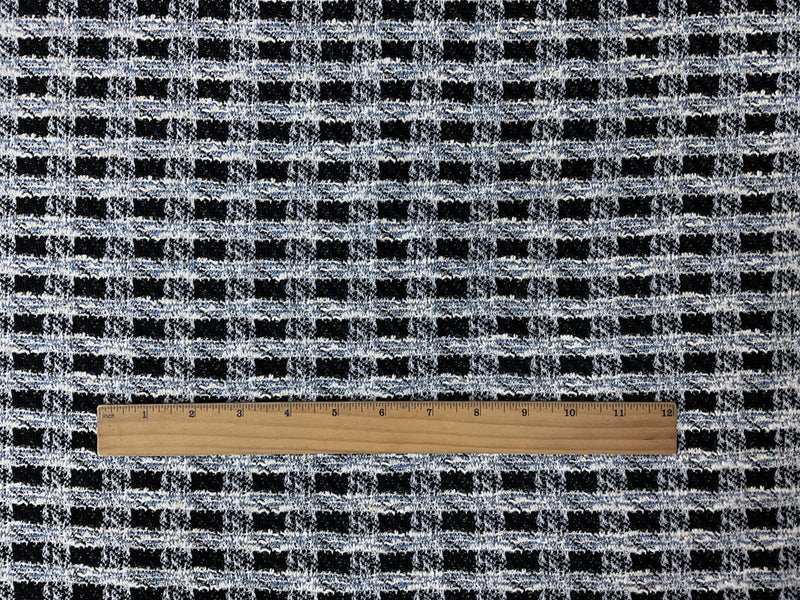Black-Blue-Gold Poly Cotton Blend Check Boucle Double Knit Fabric