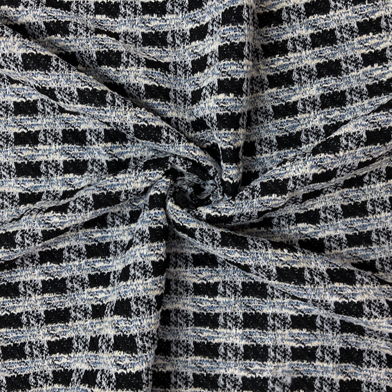 Black-Blue-Gold Poly Cotton Blend Check Boucle Double Knit Fabric