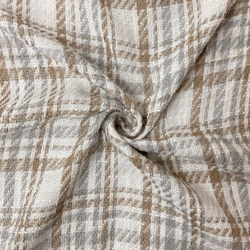 White-Gray-Taupe Poly Plaid Twill Woven Fabric