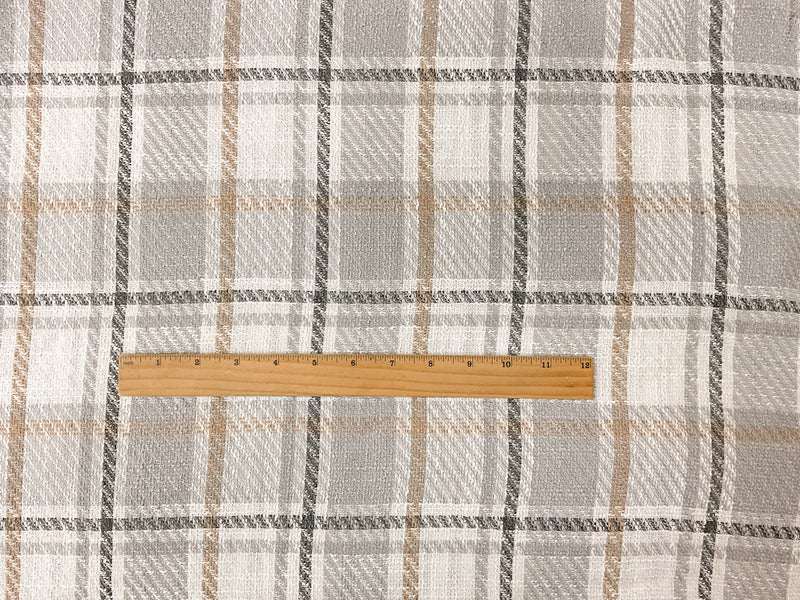White-Gray-Taupe Poly Plaid Twill Woven Fabric