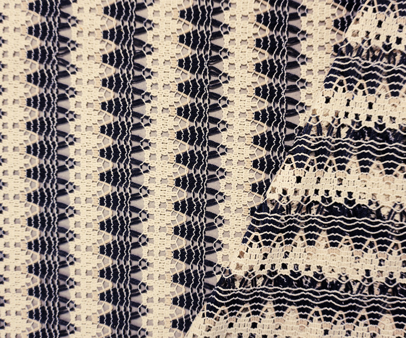 Deep Navy-Beige Poly Crochet Scallop Lace Novelty Knit Fabric