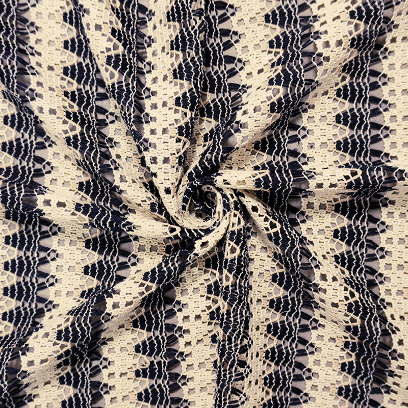 Deep Navy-Beige Poly Crochet Scallop Lace Novelty Knit Fabric