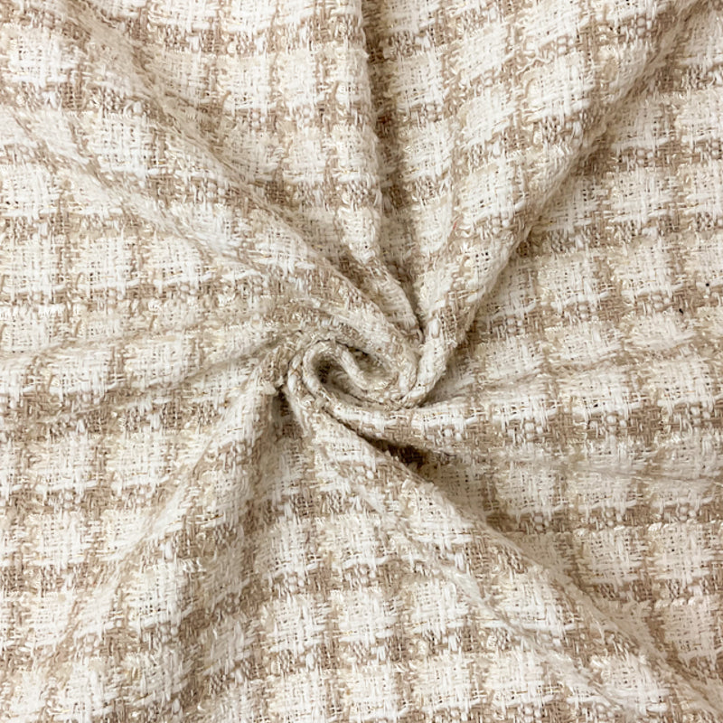 Beige-White-Gold Poly Check Tweed Boucle Novelty Woven Fabric