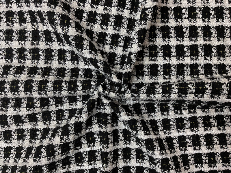 Black-White-Gold Poly Check Tweed Boucle Novelty Woven Fabric