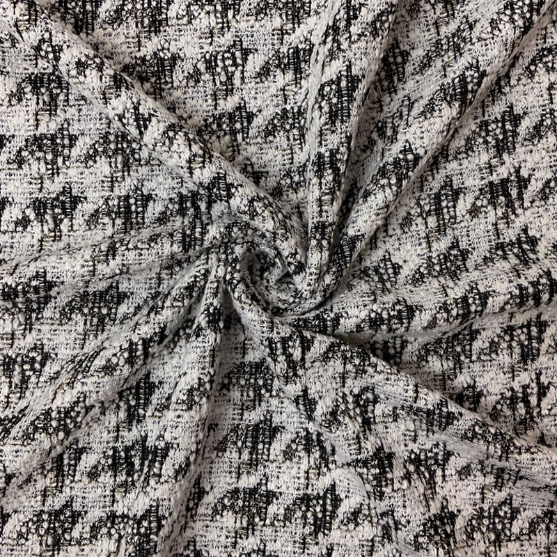 White-Black-Gold Poly Blend Houndstooth Boucle Double Knit Fabric