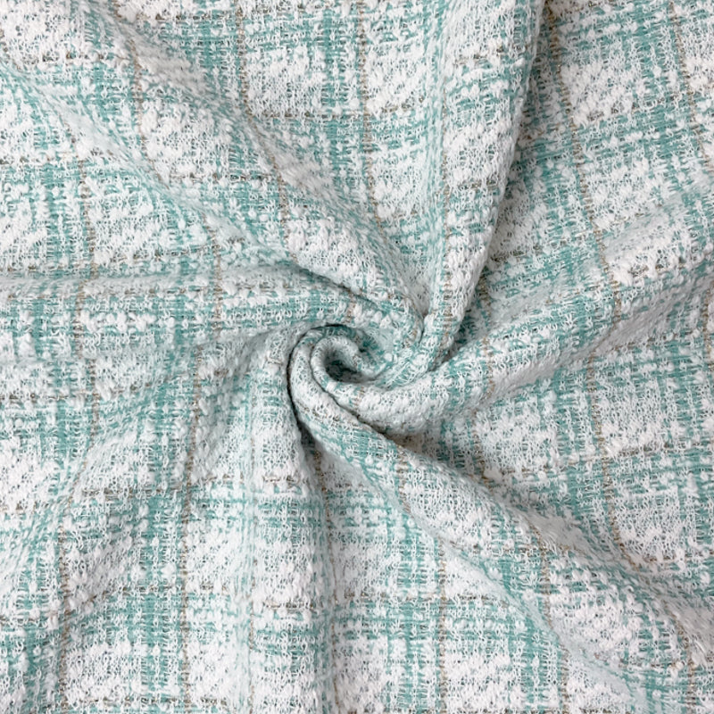 Teal-White-Gold Poly Blend Plaid Boucle Double Knit Fabric