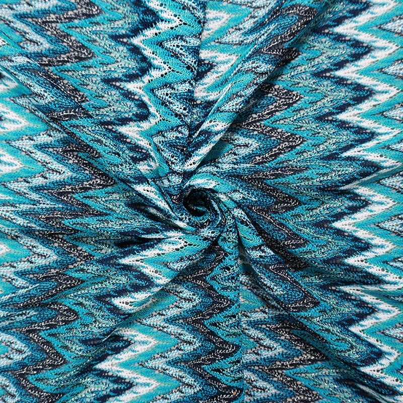 Turquoise-Silver Poly Chevron Crochet Lace Open Knit Fabric