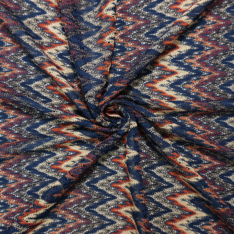 Navy-Red-Gold Poly Chevron Lace Novelty Open Knit Fabric