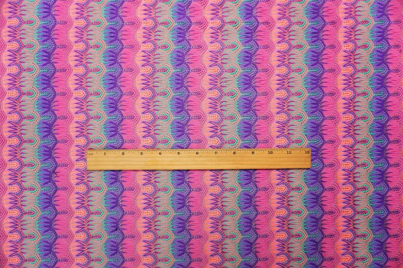 Purple-Multi Poly Abstract Crochet Lace Novelty Knit Fabric