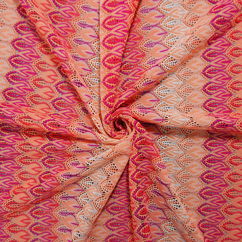 Coral Orange-Pink Poly Ogee Crochet Lace Novelty Knit Fabric