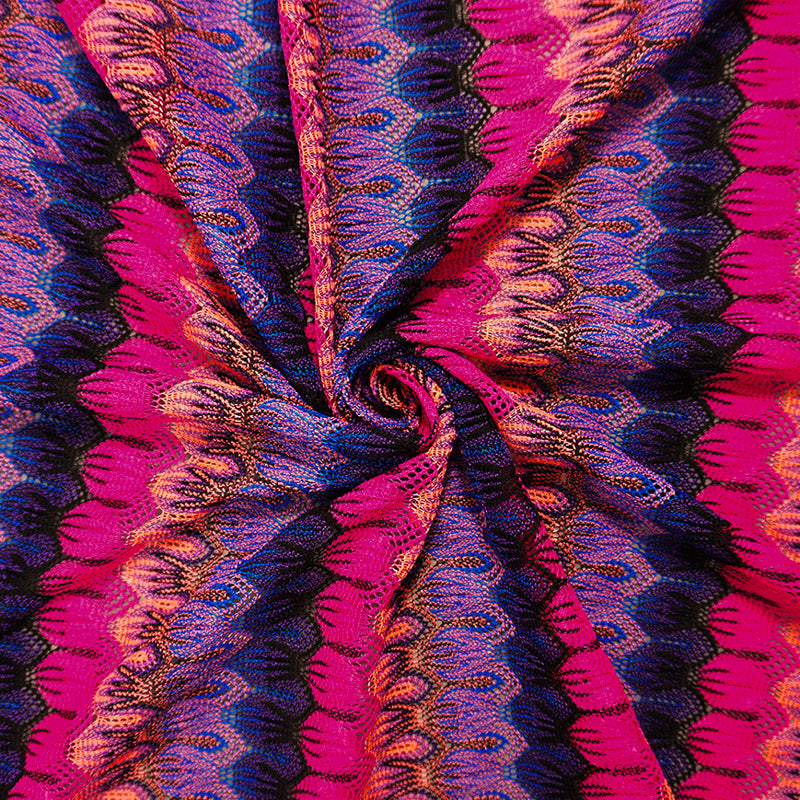 Pink-Multi Poly Abstract Stripe Crochet Lace Novelty Knit Fabric