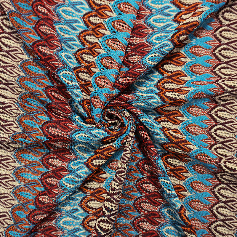 Red-Teal-Multi Poly Ogee Crochet Lace Novelty Knit Fabric